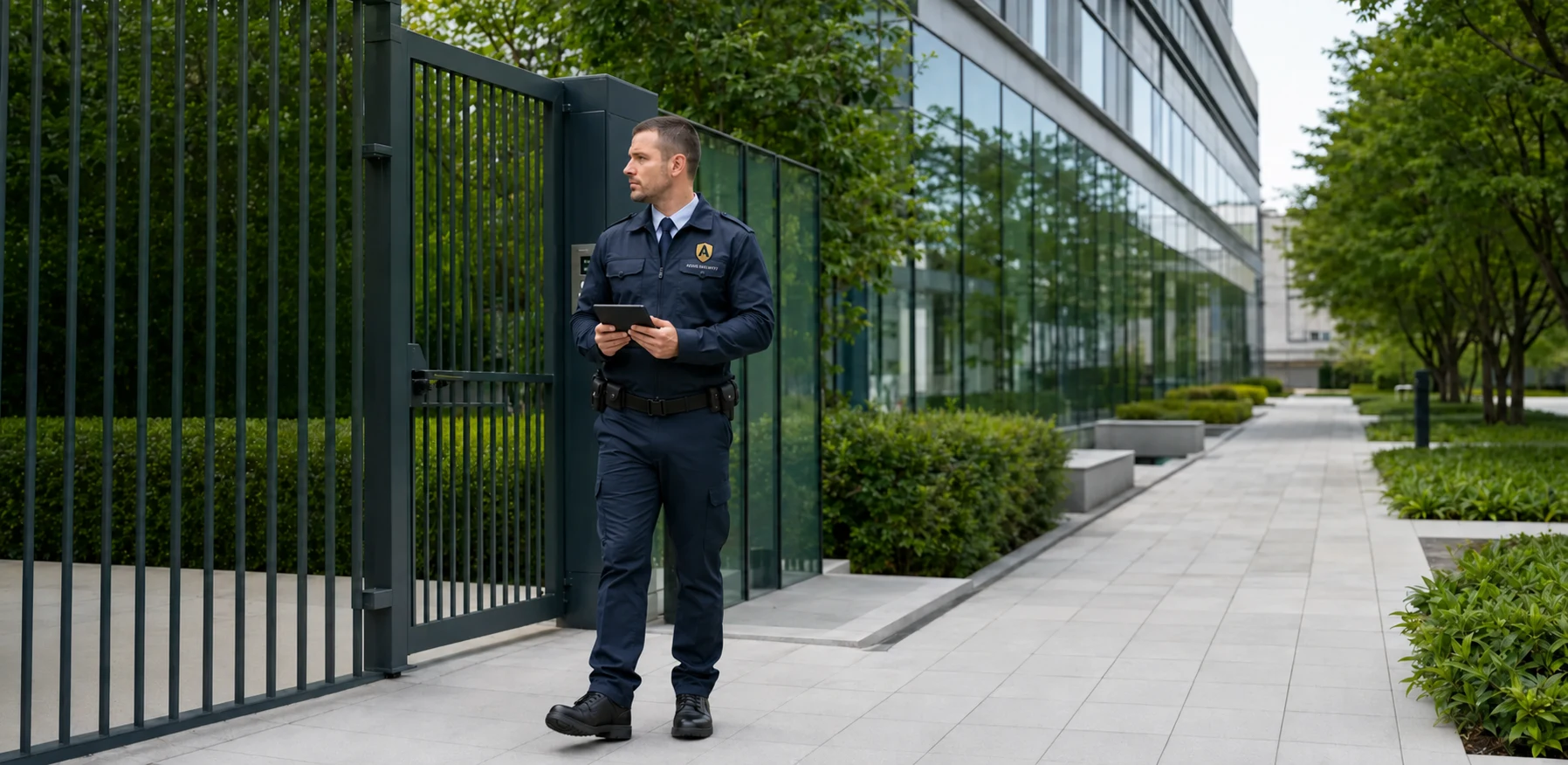 Agent de sécurité en mission sur un site professionnel